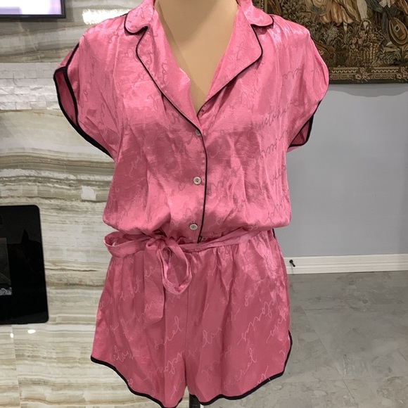 Victorias Secret’s Sleepwear Short Romper. Pink Black Trim. Size S - Picture 3 of 8